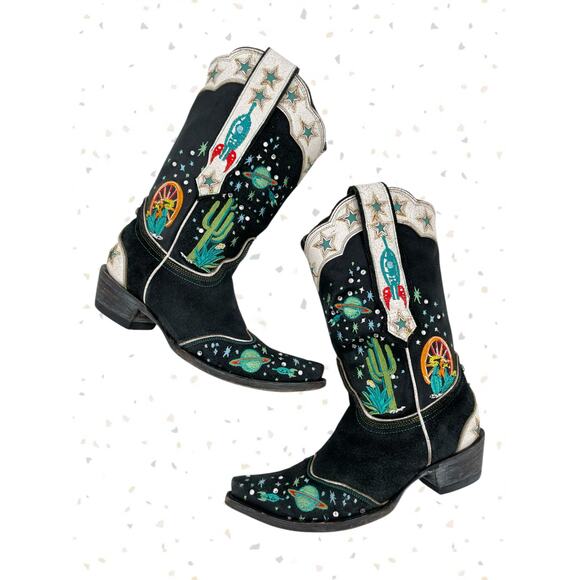 Double D Ranch Shoes - Space Cowboy Double D Ranch Embroidered Western Boots Black Leather Old Gringo 8